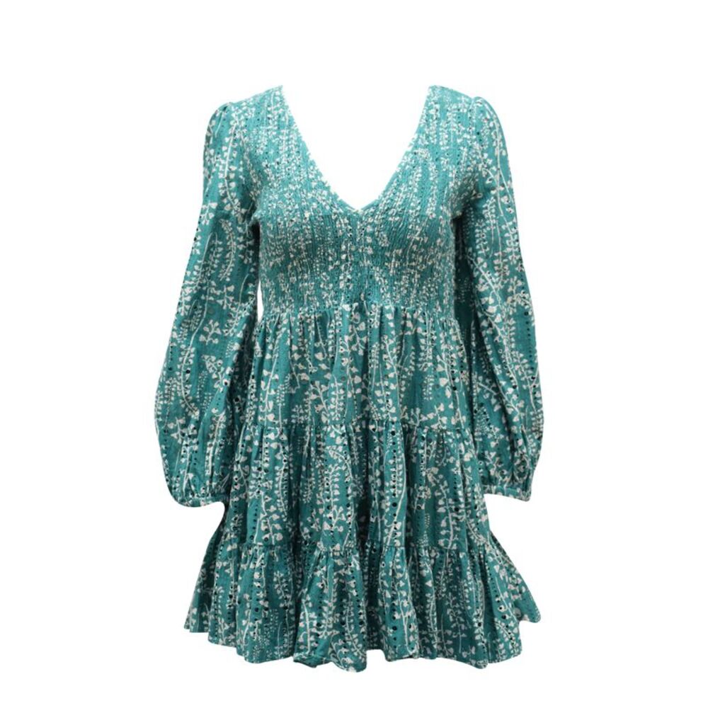 Rixo Sasha Long Sleeve Mini Dress in Green Cotton